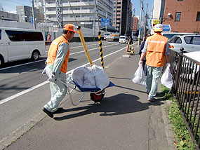 雑草を詰めた袋を回収する職員